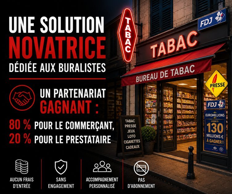 Solution novatrice pour buralistes — partenariat 80/20 sans frais